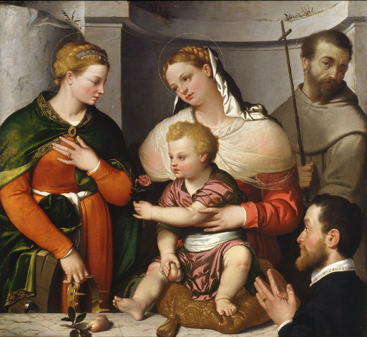 Madona s dítětem se svatou Kateřinou, sv. Františkem a donátorem, kolem 1550 (olej na plátně) od Giovanni Battista Moroni