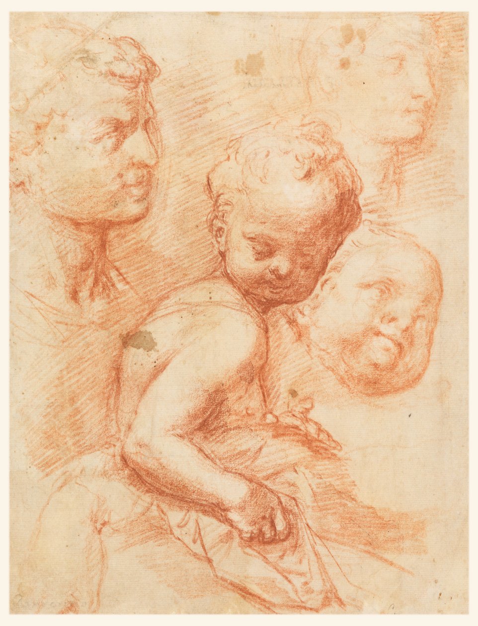 Kresba, Studie hlavy muže, ženy a dítěte, sedící dítě, asi 1570 od Giovanni Battista Naldini