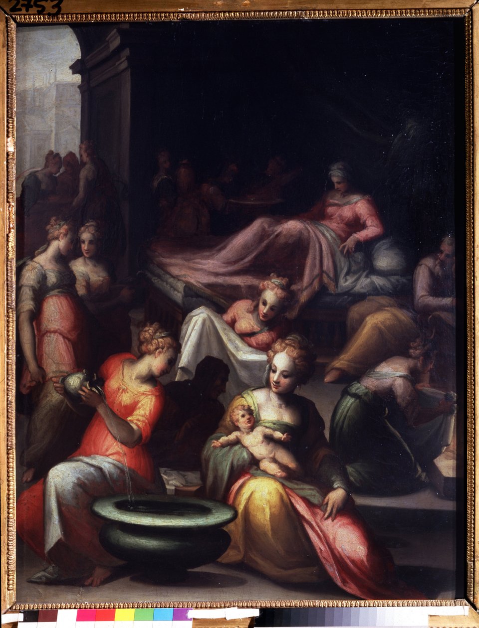 Narození svatého Jana Křtitele (Narození Jana Křtitele). Obraz Giovanni Battista Naldini (1537-1591). Olej na plátně. Slunce: 89 x 74 cm. Florentské umění manýrismu. Puškinovo muzeum, Moskva. od Giovanni Battista Naldini
