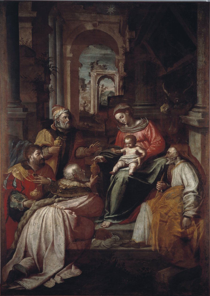 Obraz Klanění tří králů od Giovanniho Battisty Perolliho (16. století) 1567 Genes, Museo Diocesano od Giovanni Battista Perolli