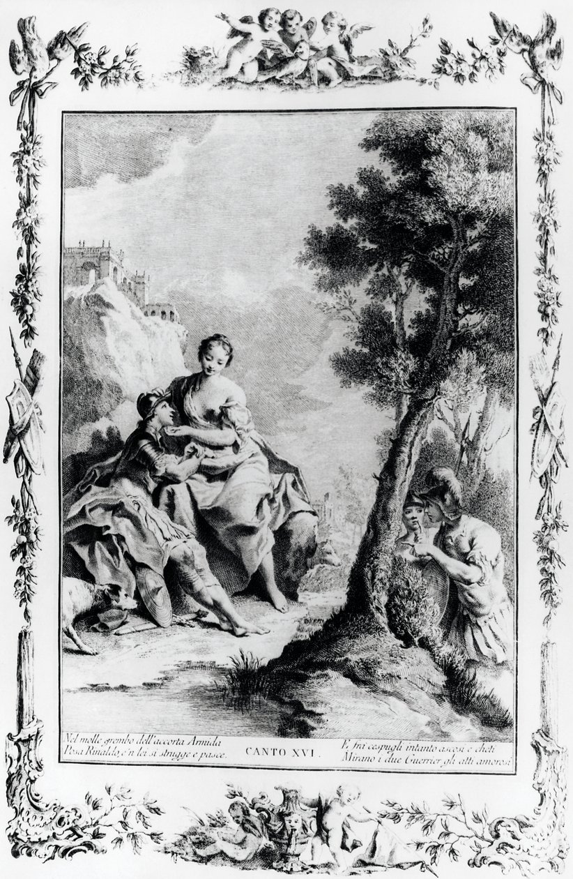 Armida a Rinaldo viděni křižáky Carlem a Ubaldem, zpěv XVI, Jeruzalém doručen od Giovanni Battista Piazzetta