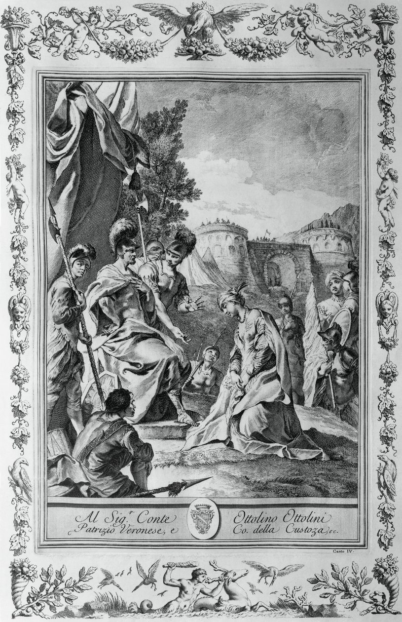 Armida před Goffredem, rytina, Giovanni Battista Piazzetta (1683-1754) pro Canto III Jeruzalém Dodáno, Torquato Tasso (1544-1595), vydal Giovanni Battista Albrizzi, Benátky, Itálie od Giovanni Battista Piazzetta