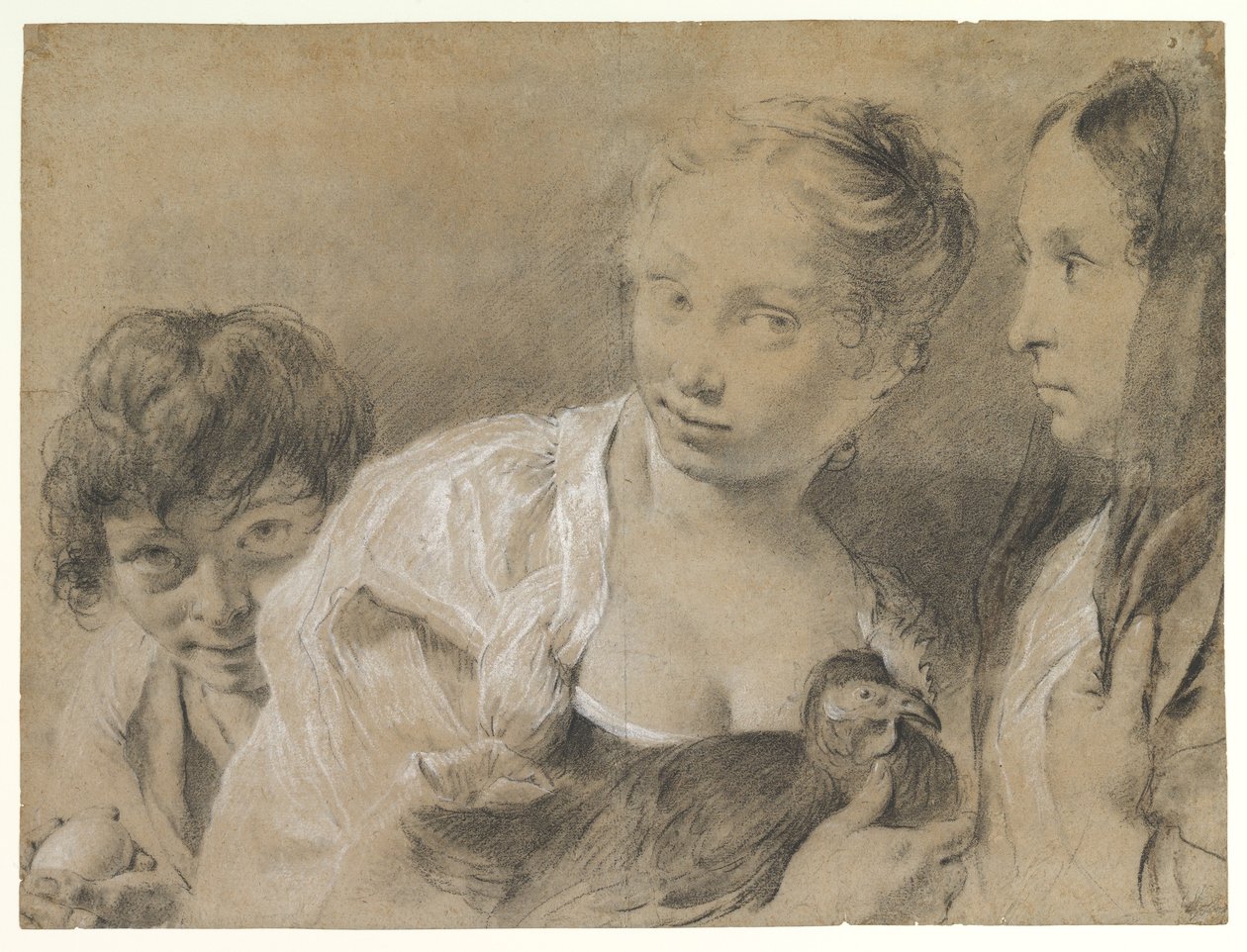 Chlapec s vejcem, dívka se slepicí a přihlížející žena od Giovanni Battista Piazzetta