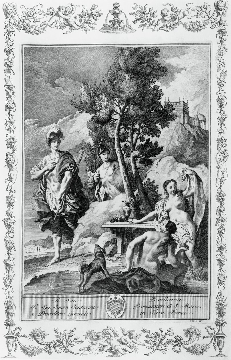 Carlo a Ubaldo na Šťastných ostrovech, rytina, Giovanni Battista Piazzetta (1683-1754) pro Canto XV Jeruzalém Dodáno, Torquato Tasso (1544-1595), Giovanni Battista Albrizzi vydání, Benátky, Itálie od Giovanni Battista Piazzetta