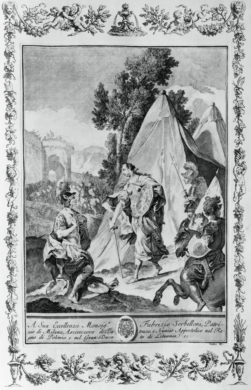 Crusaders at Siege of Jerusalem, rytina, Giovanni Battista Piazzetta (1683-1754) pro Canto III Jeruzalém Doručeno, Torquato Tasso (1544-1595), vydal Giovanni Battista Albrizzi, Benátky, Itálie od Giovanni Battista Piazzetta