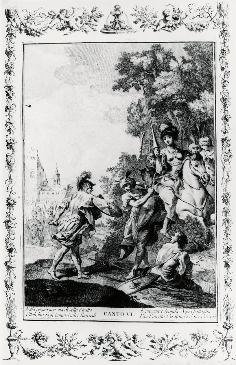 Duel mezi Ottonem a Tancredi za přítomnosti Clorindy, zpěv VI, Jeruzalém doručen od Giovanni Battista Piazzetta