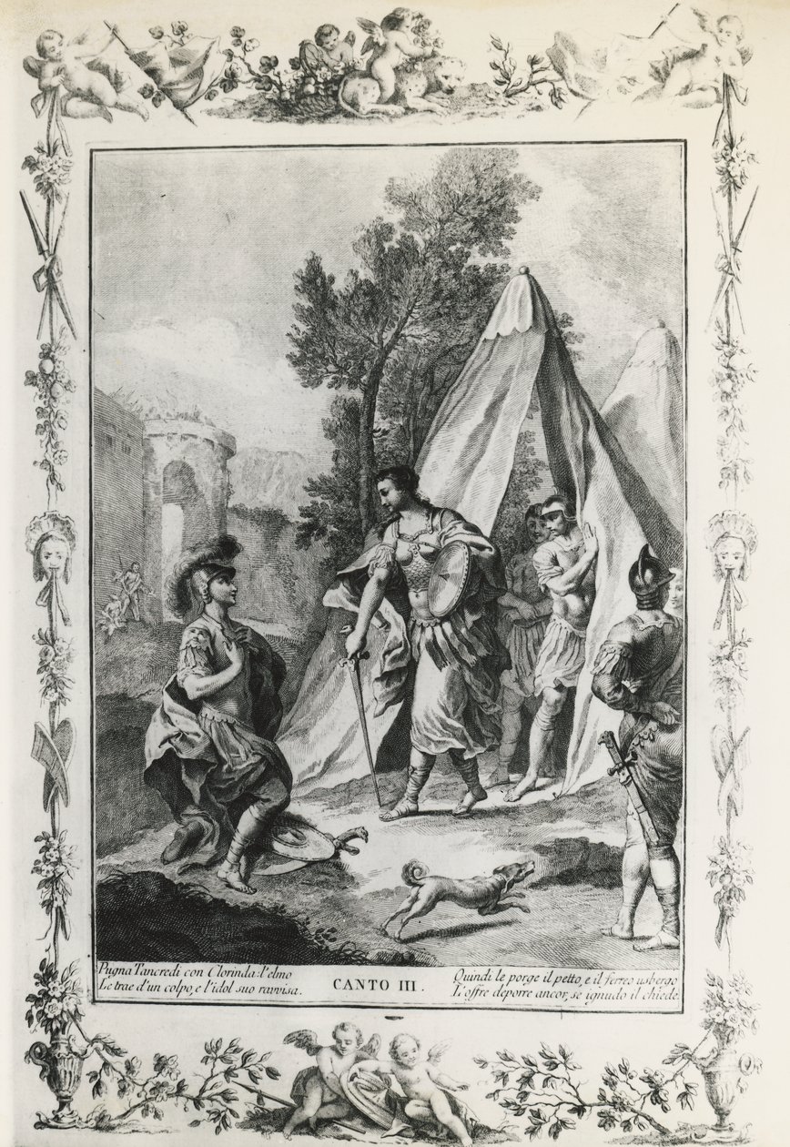 Jerusalem Delivered, canto III, ilustrace Giovanni Battista Piazzetta (1683-1754) k básni Torquato Tasso (1544-1595), vydání vydané v Benátkách v roce 1745, Itálie od Giovanni Battista Piazzetta
