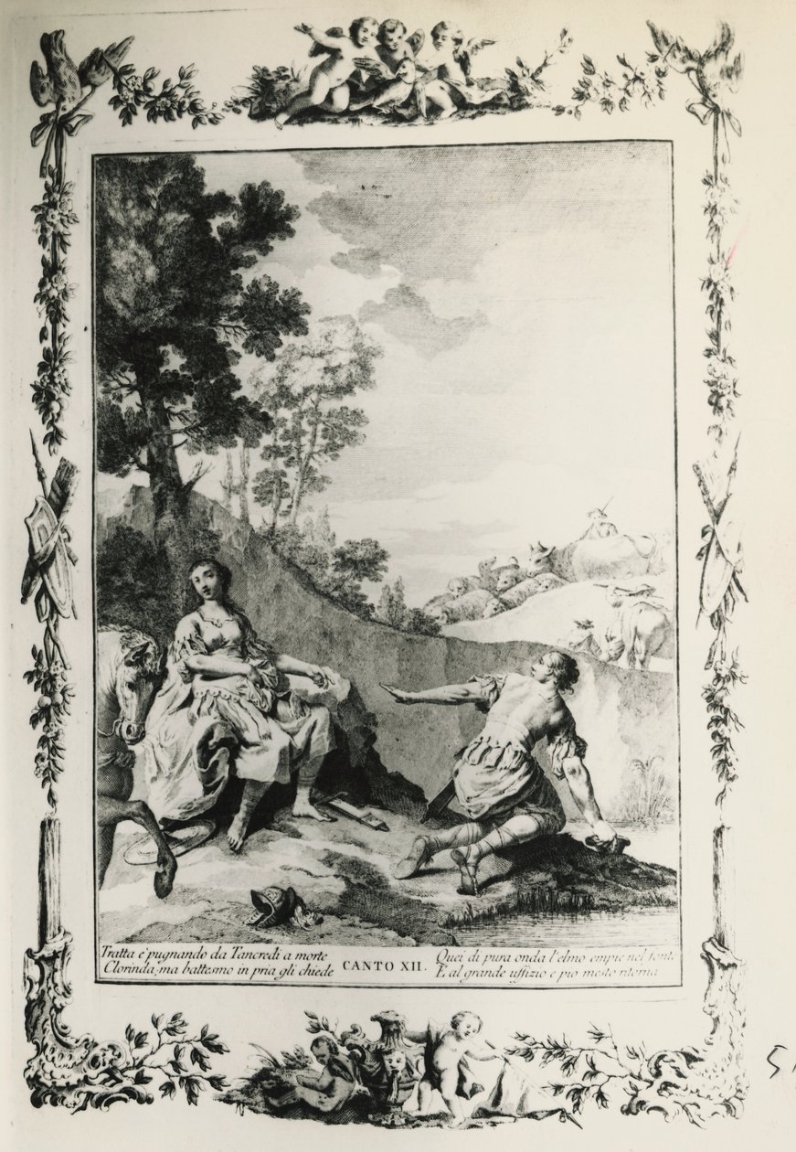 Jerusalem Delivered, canto XII, ilustrace Giovanni Battista Piazzetta (1683-1754) k básni Torquato Tasso (1544-1595), vydání vydané v Benátkách v roce 1745, Itálie od Giovanni Battista Piazzetta