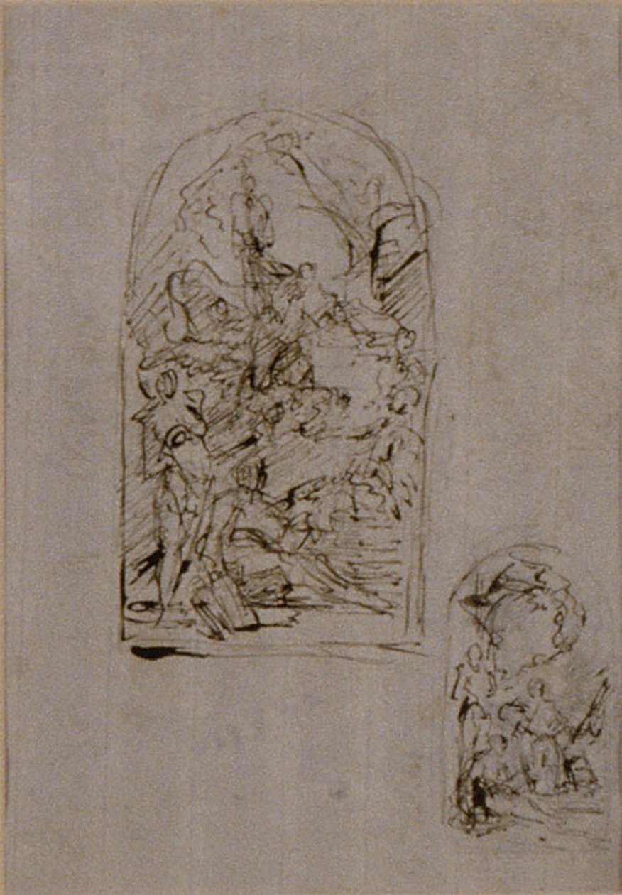 Náčrtky pro oltář se svatou Markétou z Cortony, svatým Šebestiánem a svatým Rochem (recto); dva náčrtky pro oltář (verso) od Giovanni Battista Piazzetta
