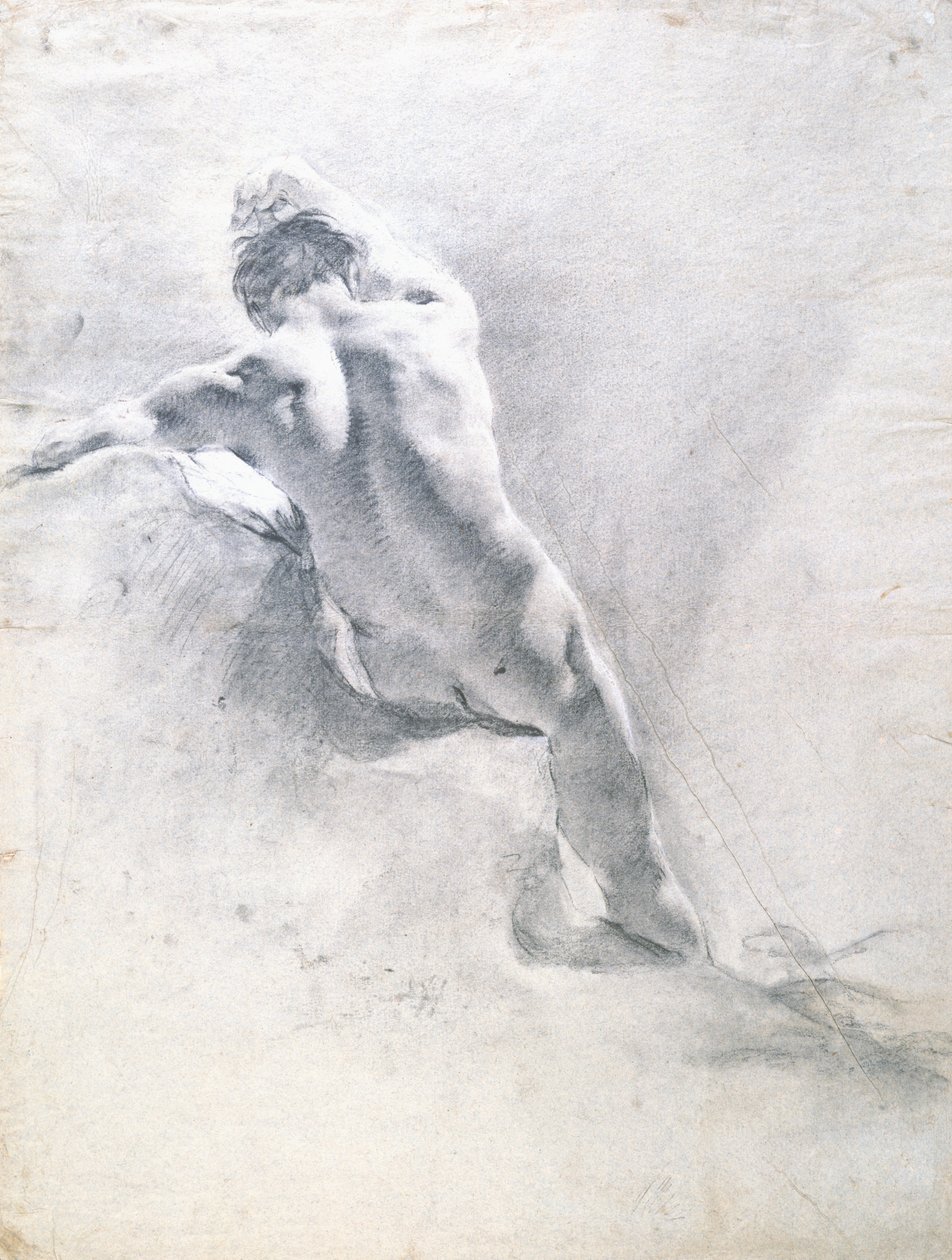 Studie mužského aktu, cca 1715 (černá křída zvýrazněná bílou na papíře) od Giovanni Battista Piazzetta