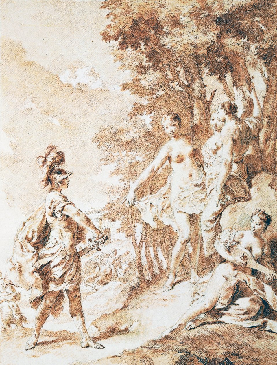 Tancredi na prahu kouzelného lesa, scéna z Jeruzaléma doručeného Torquatem Tassem, Giovanni Battista Piazzetta (1682-1754), sangvinik od Giovanni Battista Piazzetta