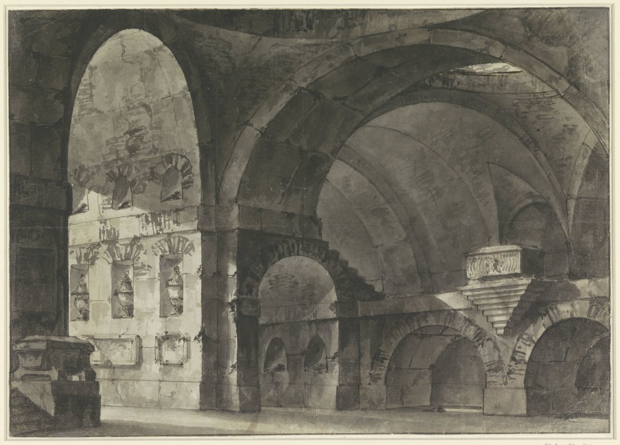 Interiér velké antické budovy s valenými klenbami a kopulovou spodní konstrukcí od Giovanni Battista Piranesi (attributed to)
