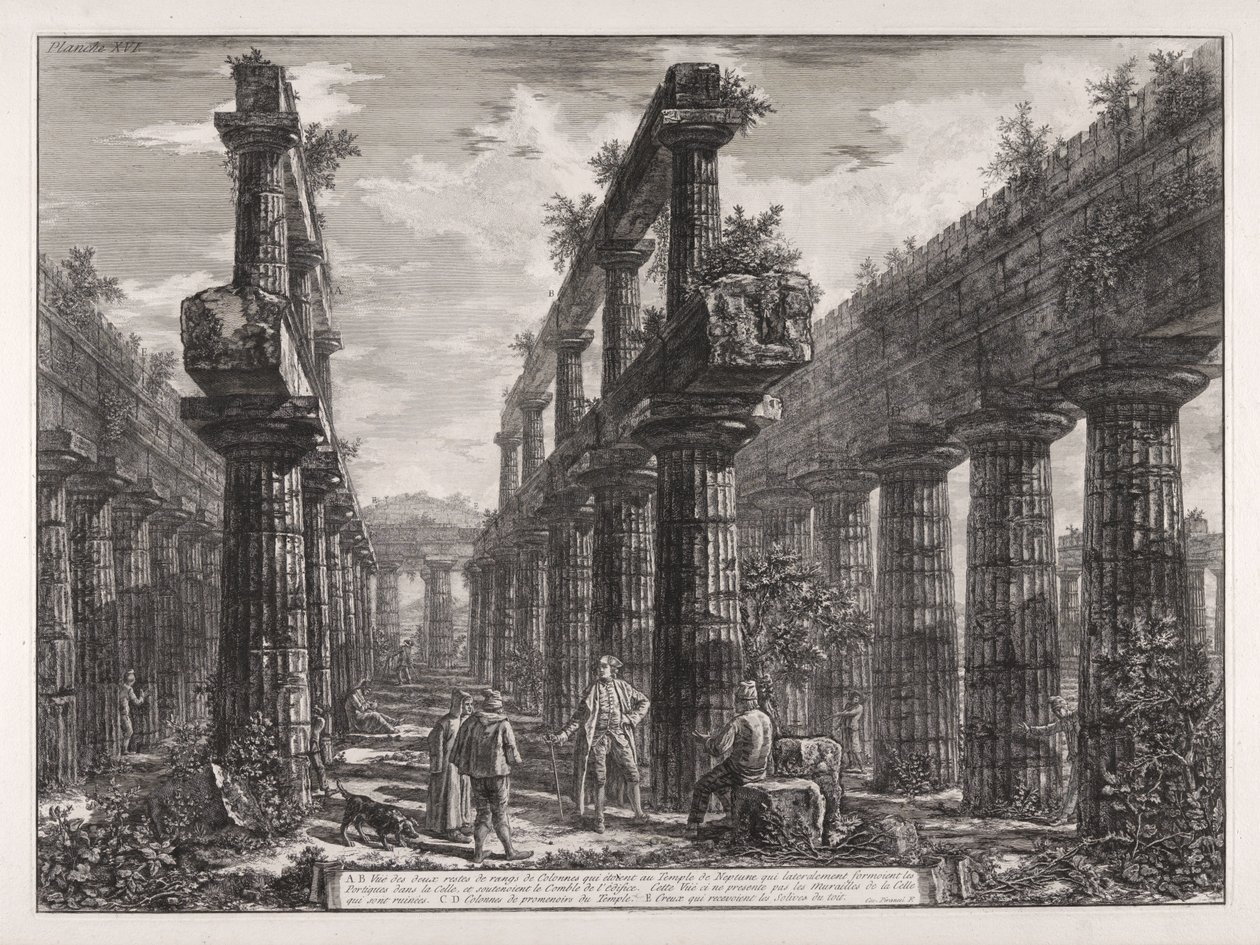 A., B. Pohled na pozůstatky dvou řad sloupů v Neptunově chrámu, které po stranách tvořily sloupořadí v celle a nesly střechu stavby ... od Giovanni Battista Piranesi