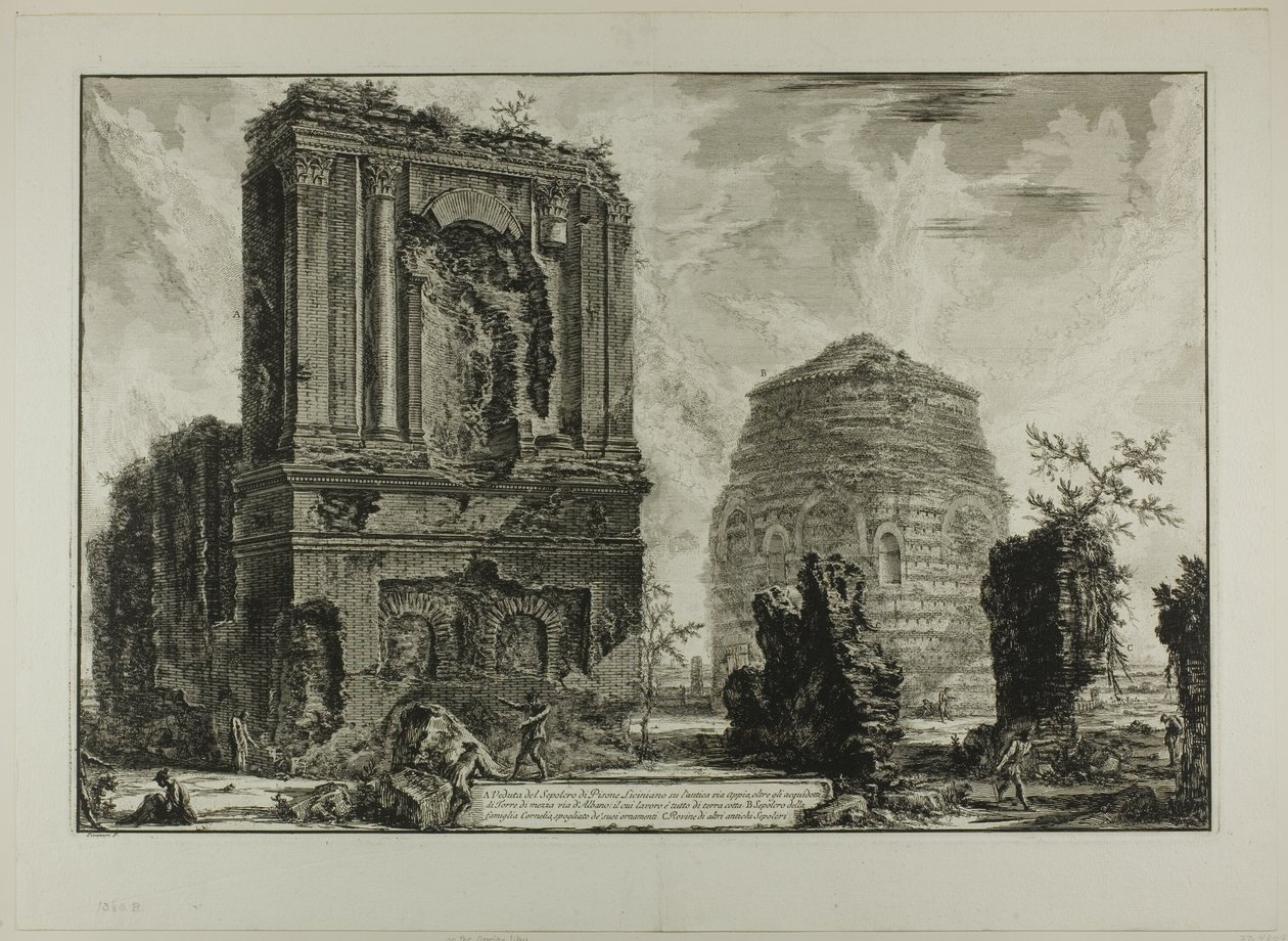 A. Pohled na hrobku Liciniana Piso na starověké Appianské cestě... B. Hrobka Cornelii..., z Pohledů na Řím od Giovanni Battista Piranesi