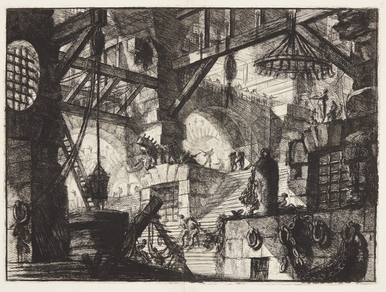 Grilované a rustikované okno je zasazeno uprostřed schodiště se skupinami těžkých řetězů na korbu od Giovanni Battista Piranesi