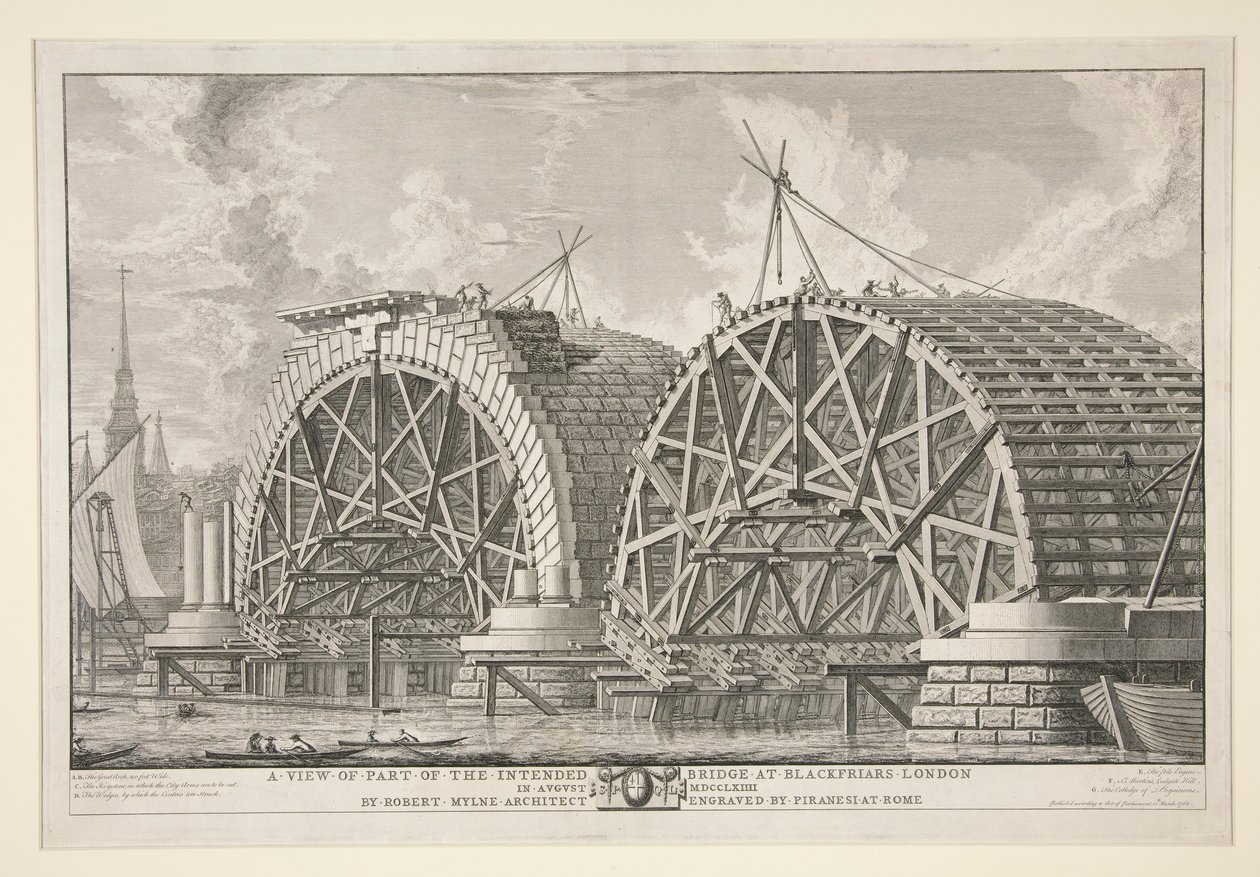 Pohled na část zamýšleného mostu v Blackfriars, Londýn, v srpnu MDCCLXIIII od Roberta Mylne, architekta, vyryto Piranesi v Římě od Giovanni Battista Piranesi