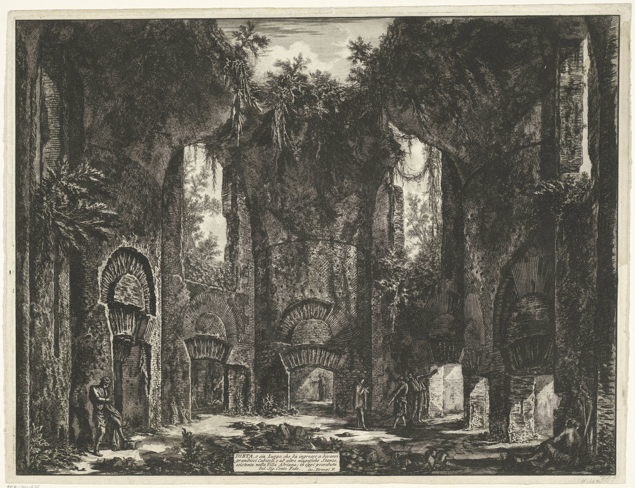 Akademie v de Villa Adriana t a Tivoli Dieta, nebo obojí Místo, které umožňuje vstup do několika grandiózních kójí a do dalších nádherných pokojů, existujících ve vile Adrian (...) (název na objektu) Gezichten op Rome (název série) Pohledy na Řím kreslené  od Giovanni Battista Piranesi