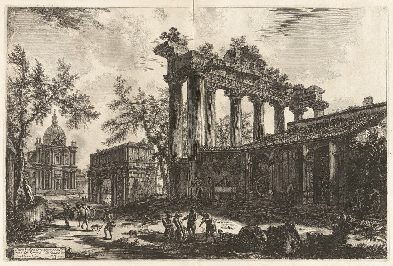 Altra Veduta degli avanzi del Pronao del Tempio del Concordia (Další pohled na zbytky Pronaos z Chrámu Svornosti [Saturnova chrámu s obloukem Septimia Severa v levém pozadí]), z Vedute di Roma (Pohledy na Řím) od Giovanni Battista Piranesi