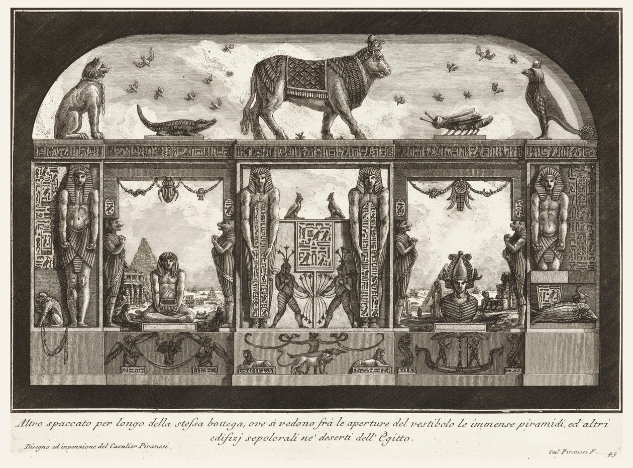 Další průřez téže dílny, kde je vidět nesmírnou pyramidu mezi otvory vestibulu, z Různorodého způsobu zdobení cest od Giovanni Battista Piranesi