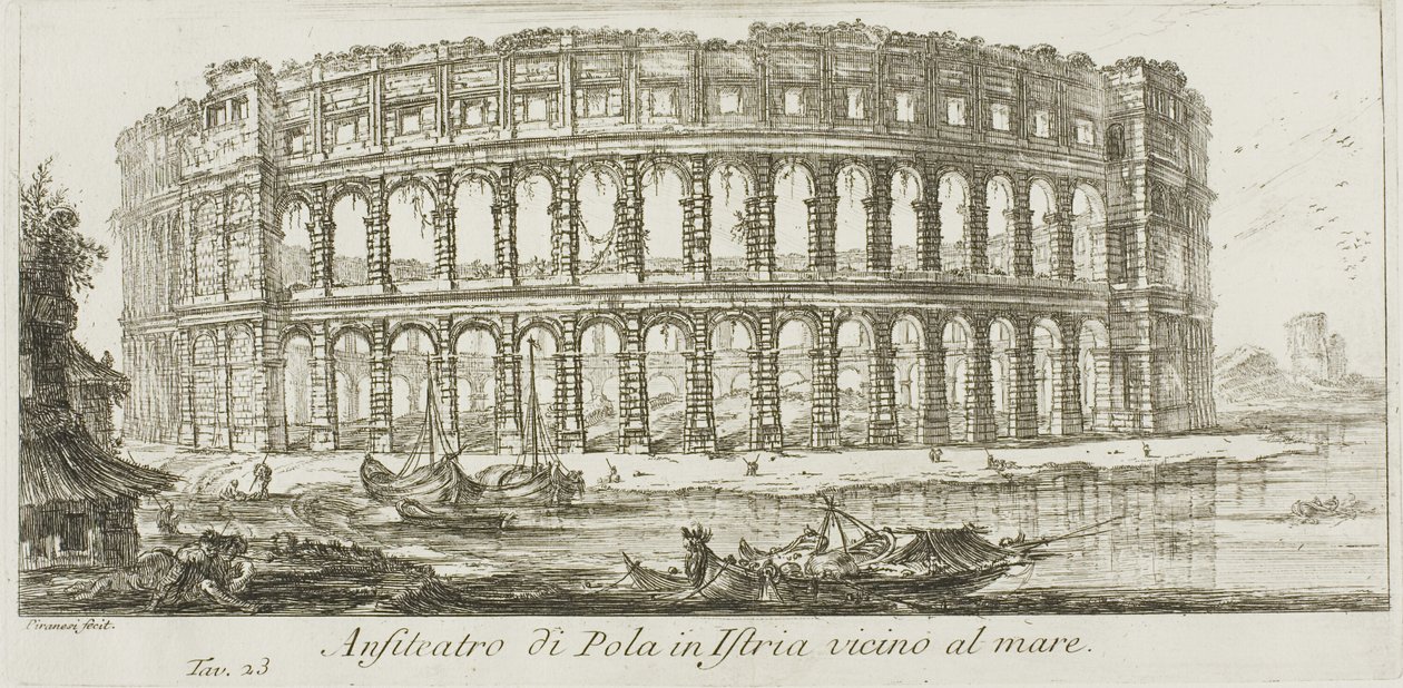 Amfiteátr Pula na Istrii v blízkosti moře, deska 23 z některých pohledů na triumfální oblouky a další památky od Giovanni Battista Piranesi