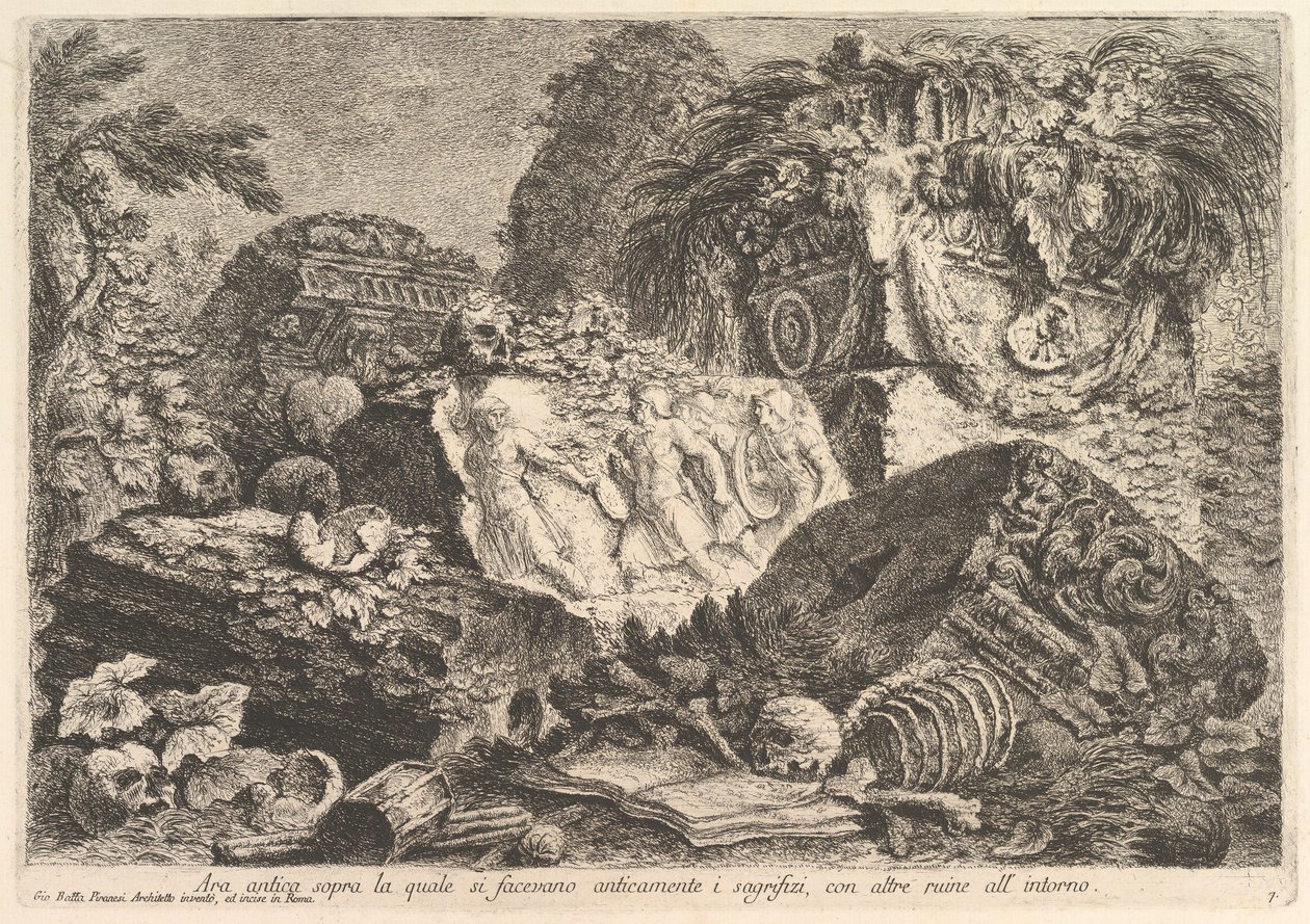 Starověký oltář, na kterém se ve starověku prováděly oběti, obklopený dalšími rui..., ca. 1750. od Giovanni Battista Piranesi