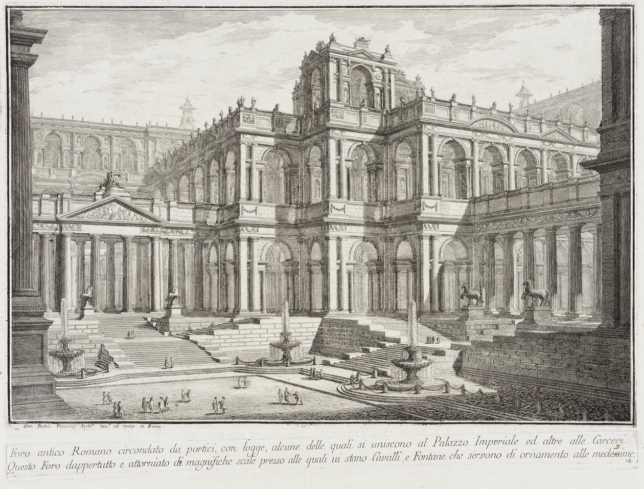 Antické fórum obklopené sloupořadími od Giovanni Battista Piranesi