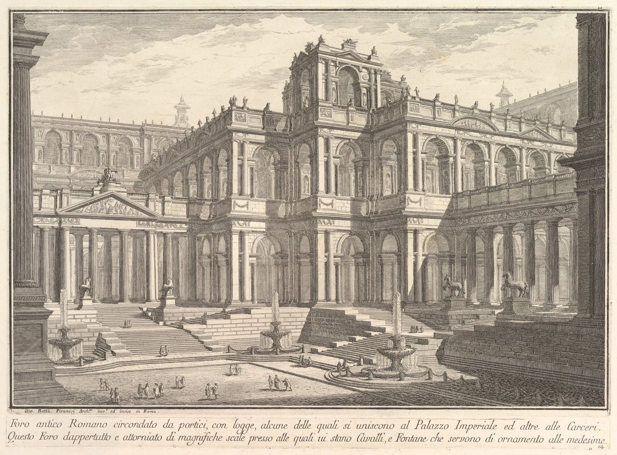 Starověké římské fórum obklopené portiky, s lodžiemi, z nichž některé komunikují s..., ca. 1750. od Giovanni Battista Piranesi