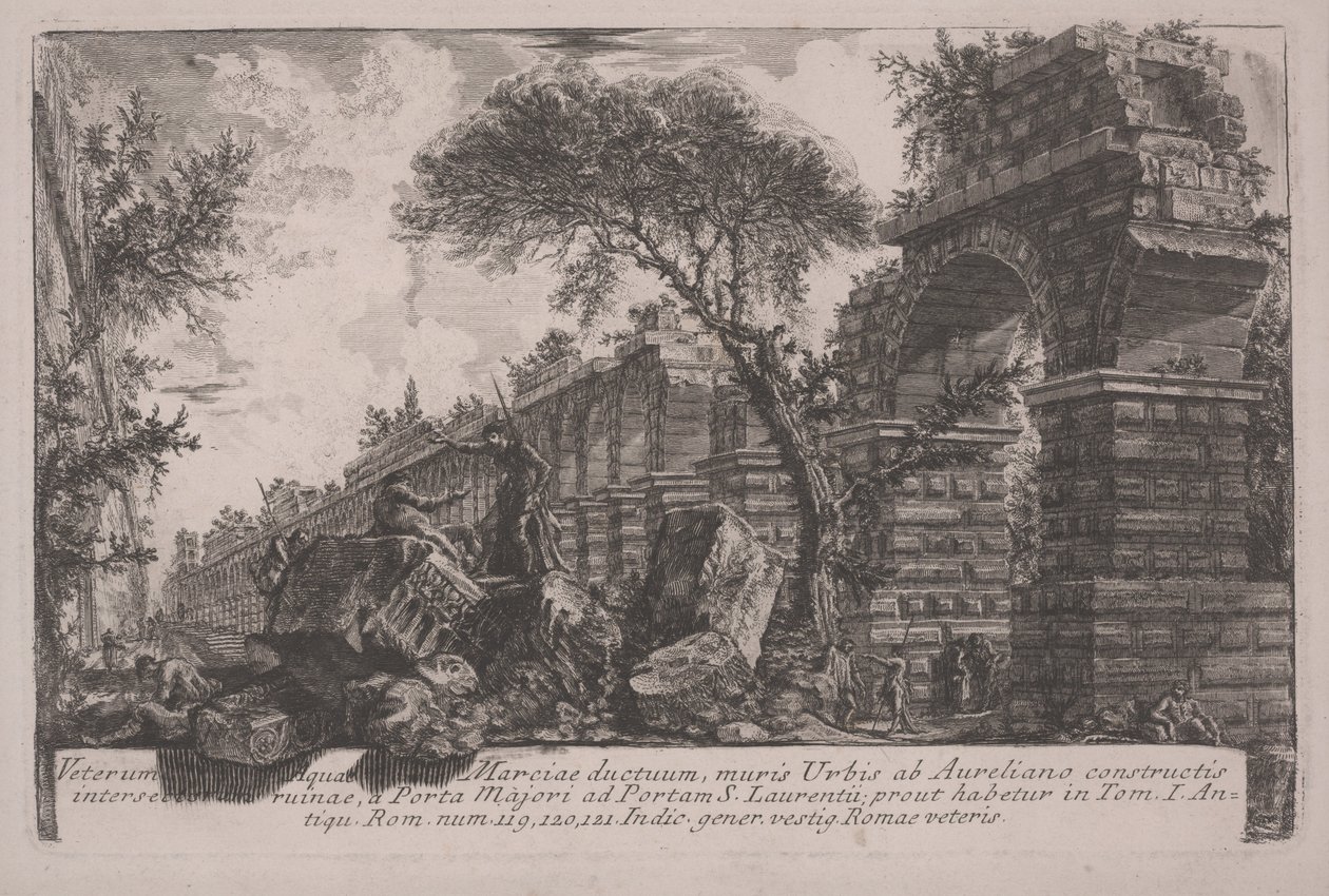 Starověký akvadukt Acqua Marcia u městských hradeb postavený Aurelianem od Giovanni Battista Piranesi