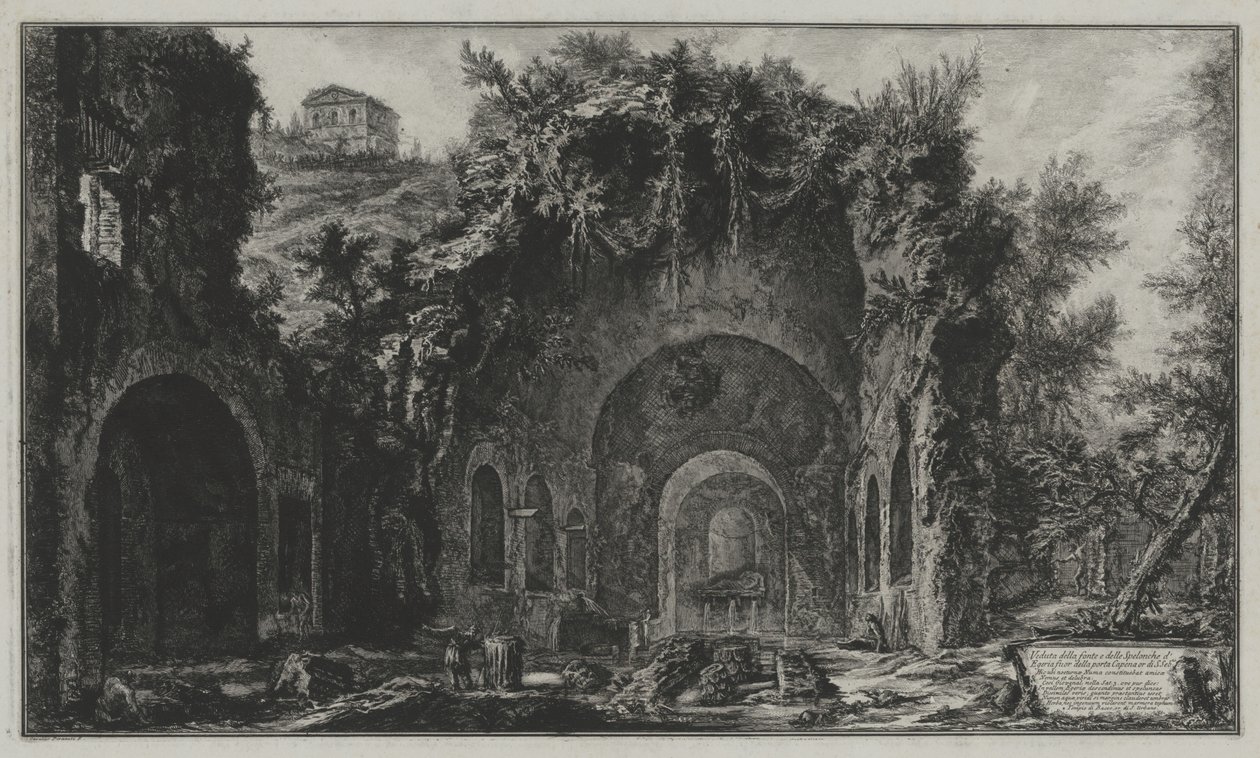 Pohled na pramen a jeskyni Egerie za Porta Capena neboli na San Sebastiano, z: Vedute di Roma od Giovanni Battista Piranesi