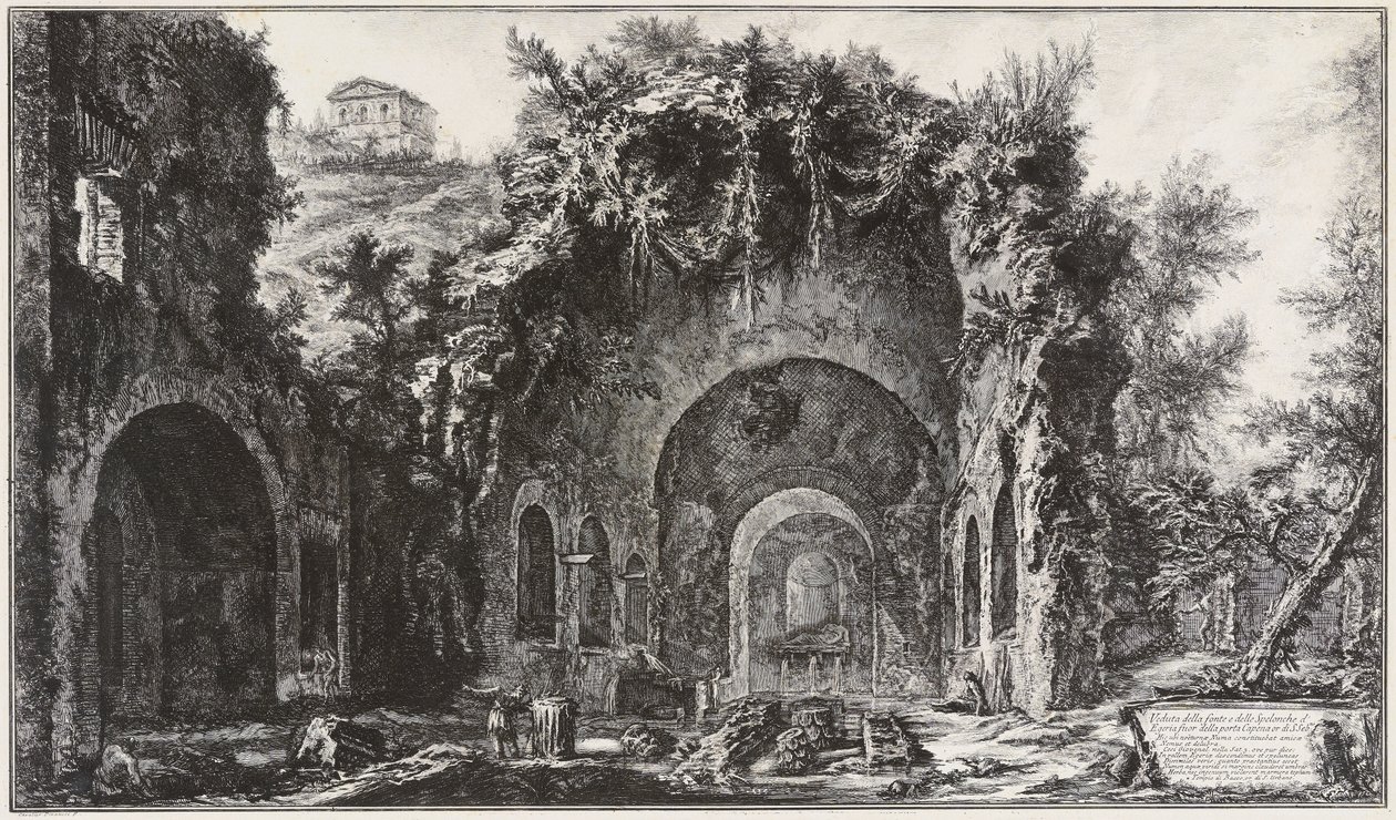 Pohled na pramen a jeskyně Egerie před Porta Capena, dnes Porta di San Sebastiano od Giovanni Battista Piranesi
