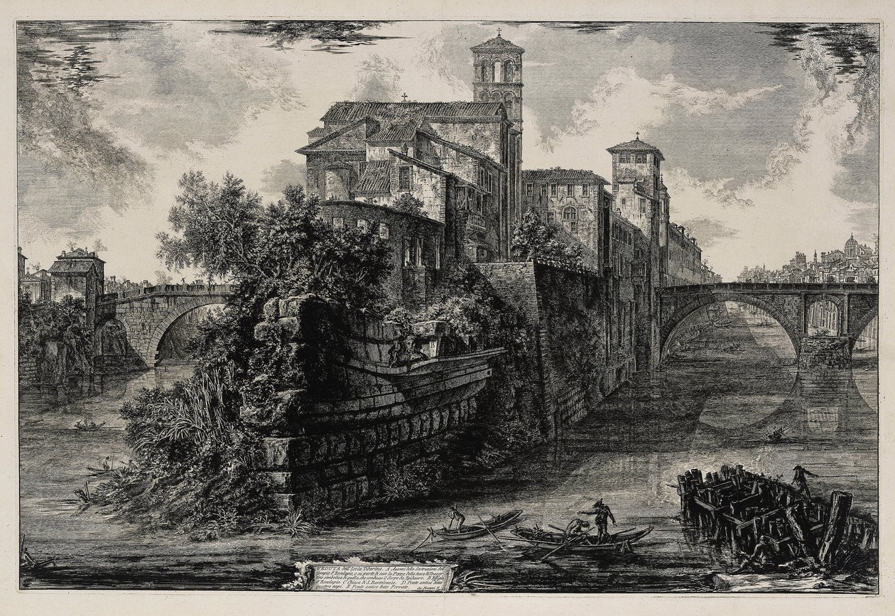Pohled na Tiberský ostrov (z: Vedute di Roma) od Giovanni Battista Piranesi