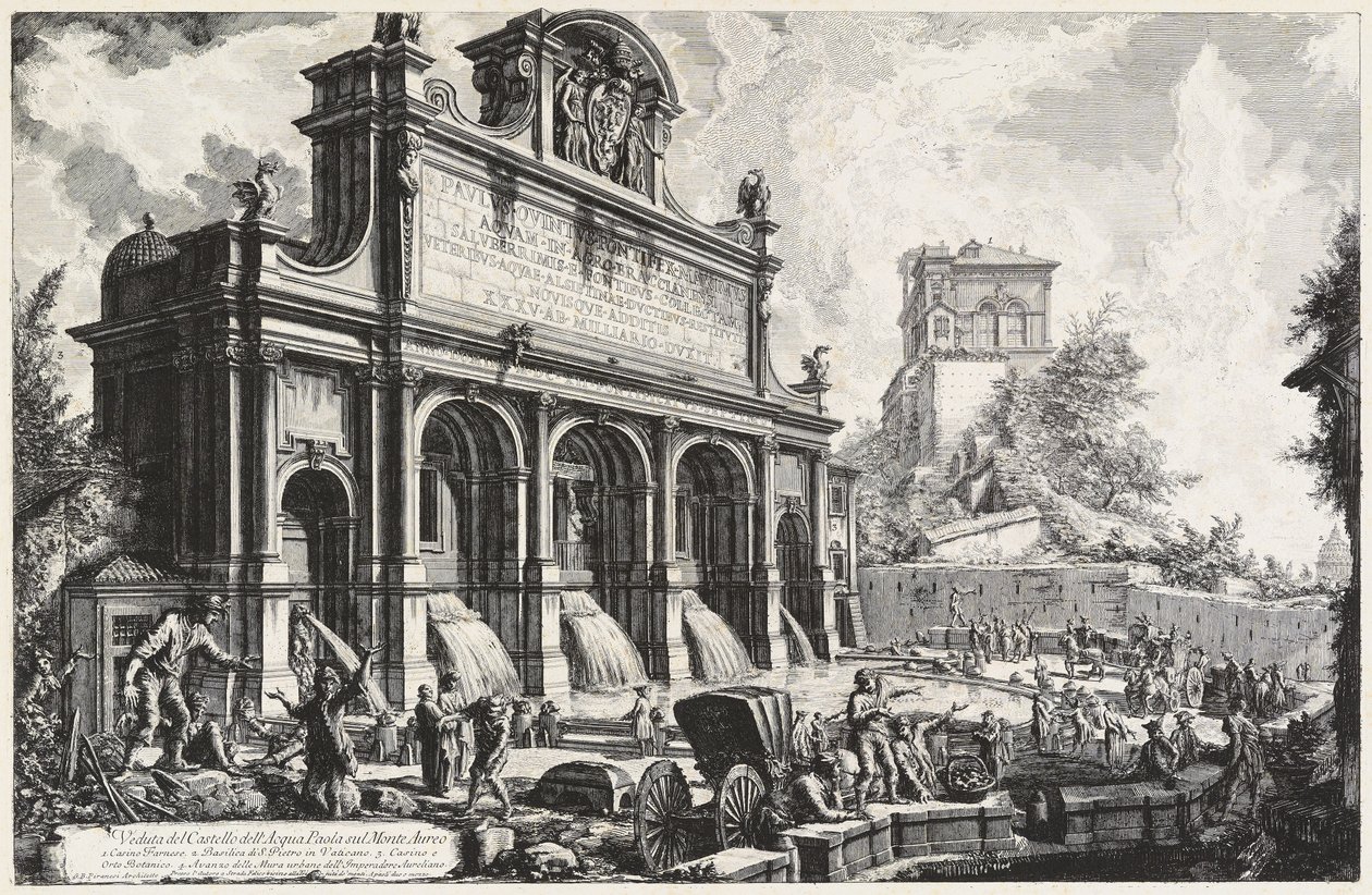 Pohled na Castello dell’Acqua Paola na Monte Aureo (Gianicolo) od Giovanni Battista Piranesi