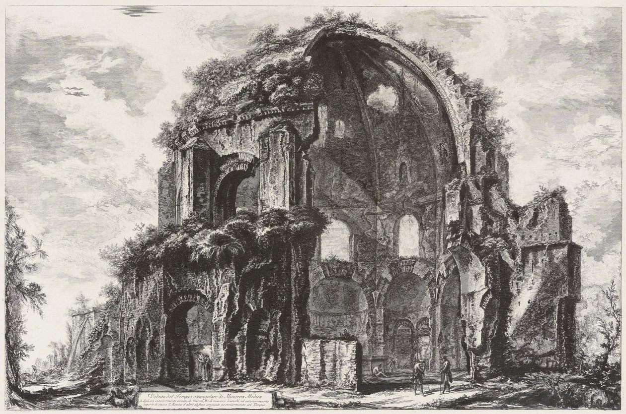 Pohled na osmiboký chrám Minervy Mediky (nymfeum) od Giovanni Battista Piranesi