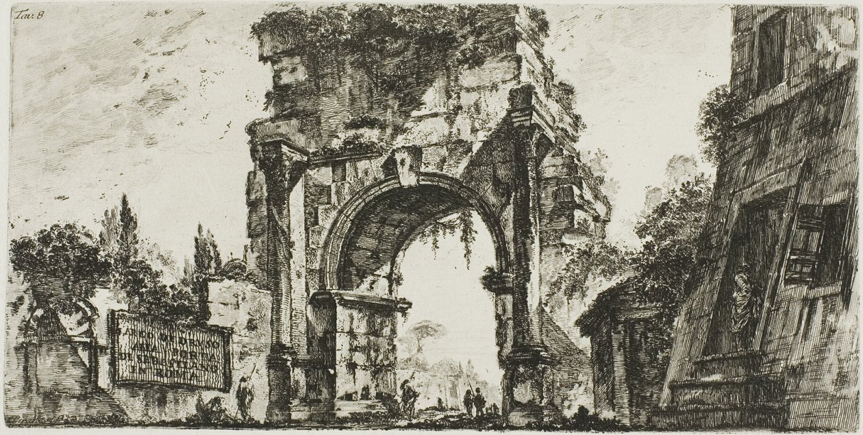 Drusův oblouk na Porta S. Sebastiano v Římě, deska 8 z některých pohledů na triumfální oblouky a další památky od Giovanni Battista Piranesi