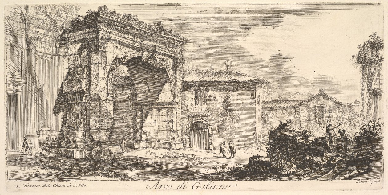 Gallienův oblouk. 1. Průčelí kostela S. Vito Arco di Galieno. 1. Fasáda ..., ca. 1748. od Giovanni Battista Piranesi