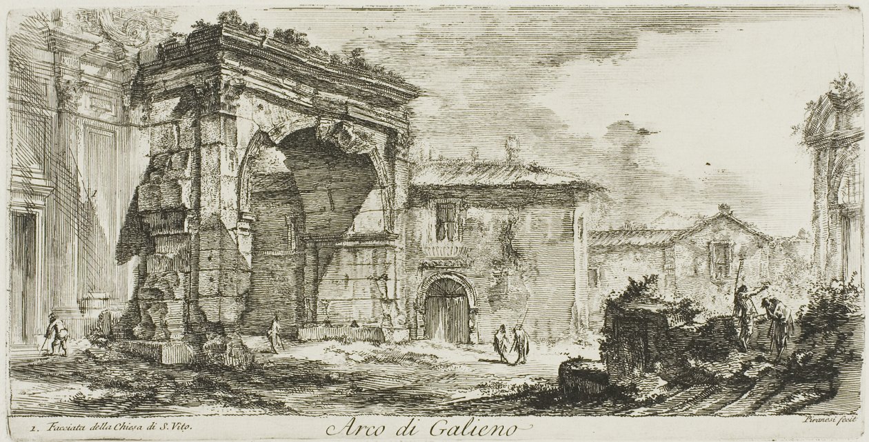 Galienův oblouk. I. Průčelí kostela S. Vito, deska 29 z knihy Některé pohledy na vítězné oblouky a jiné památky od Giovanni Battista Piranesi