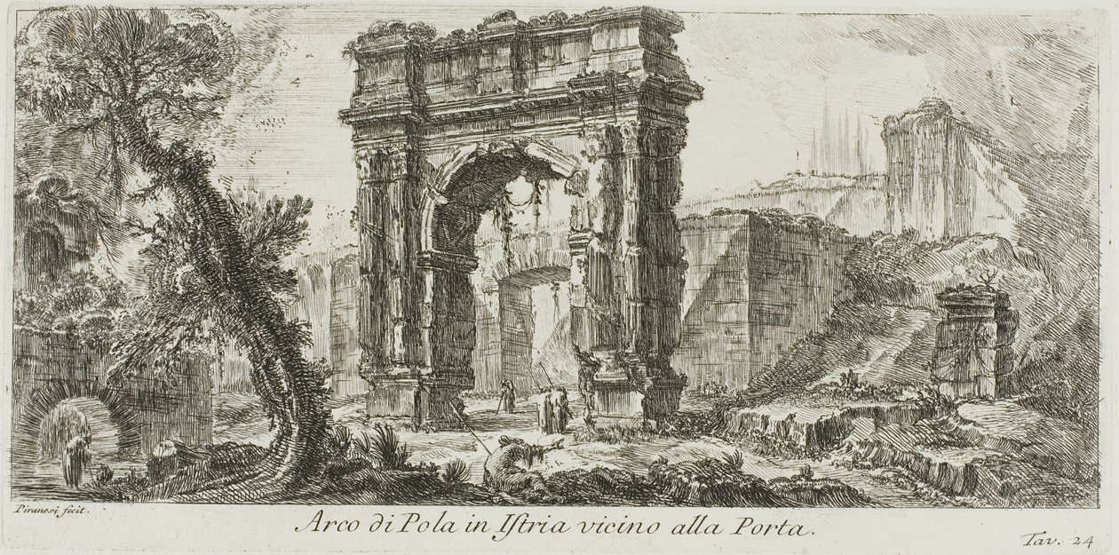 Oblouk Pola na Istrii poblíž brány, deska 24 z některých pohledů na triumfální oblouky a další památky od Giovanni Battista Piranesi