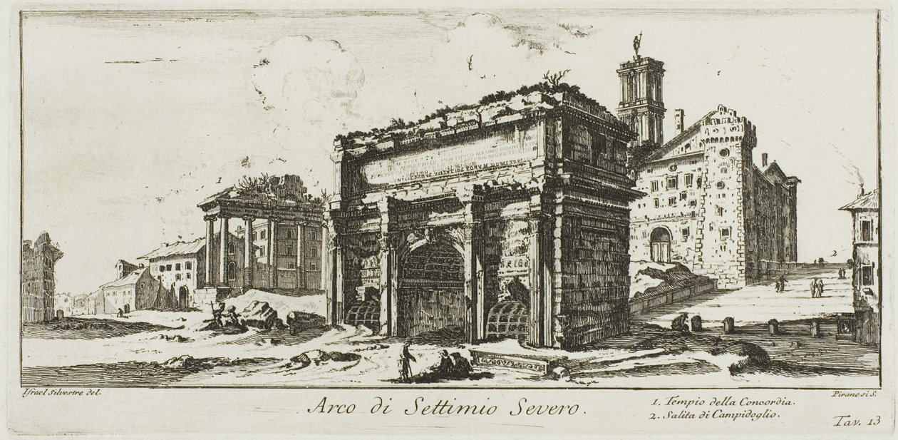 Oblouk Septimia Severa. 1. Chrám Svornosti. 2. Výstup na Capitoline Hill, deska 13 z některých pohledů na triumfální oblouky a další památky od Giovanni Battista Piranesi