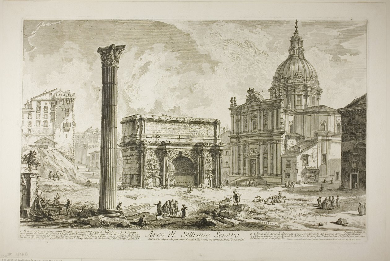 Oblouk Septimia Severa, kterým procházela starověká posvátná cesta, přivádějící vítěze do Kapitolu, z Views of Rome od Giovanni Battista Piranesi