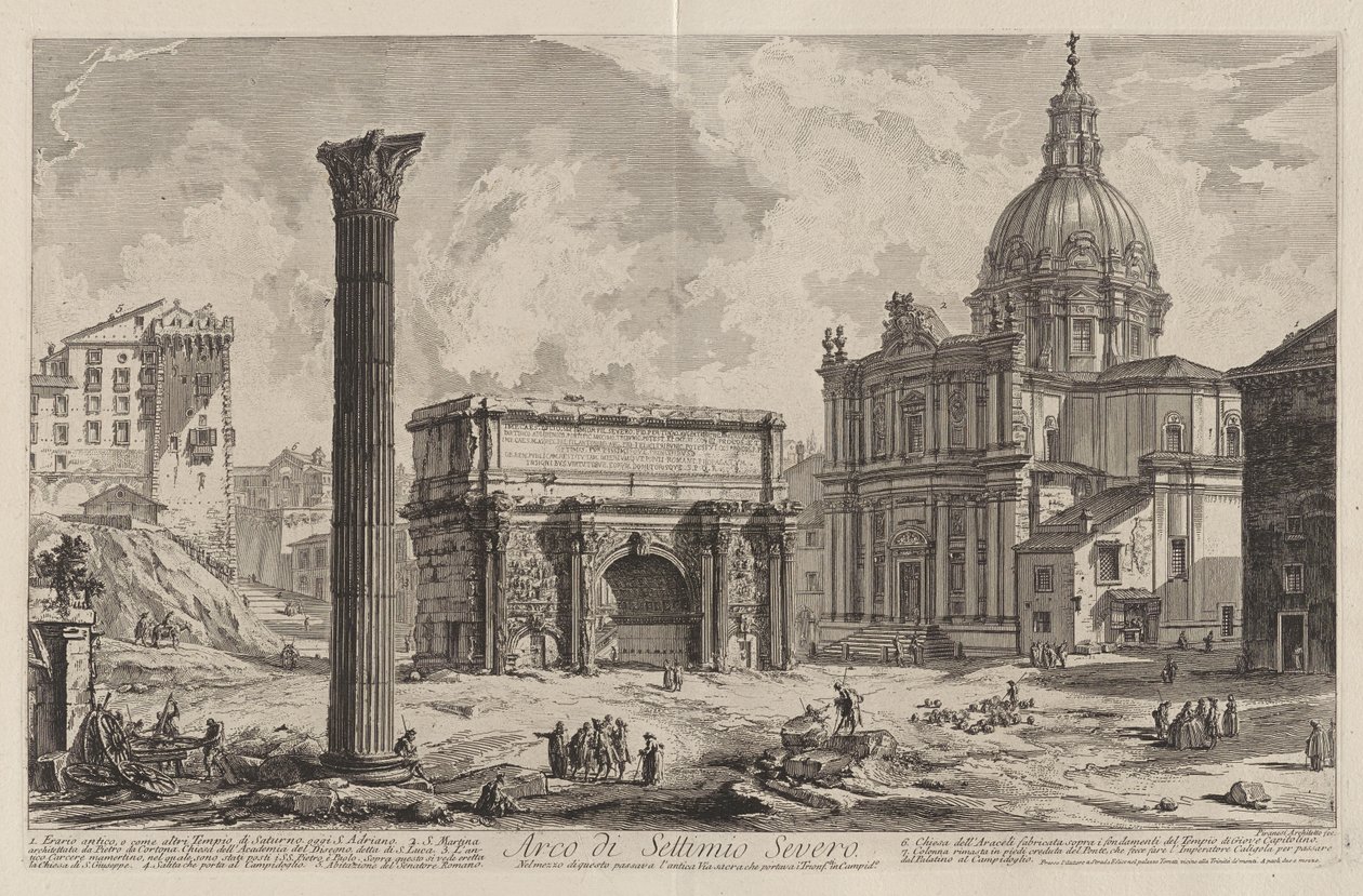Septimiův Severův oblouk. Jeho středem procházela starověká Via Sacra, která vedla vítěze na Kapitol (s kostelem Santi Martina e Luca) od Giovanni Battista Piranesi