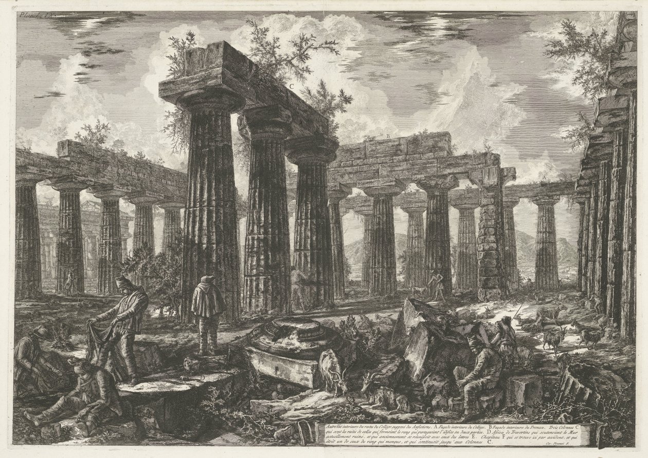 Basilica di Paestum v Paestum Autre vue interiér des restes du Collège supposé des Anfictions (název na objektu) Různé pohledy na zbytky tří velkých budov, které stále stojí v Paestum (název série) Differentes vues de quelques od Giovanni Battista Piranesi