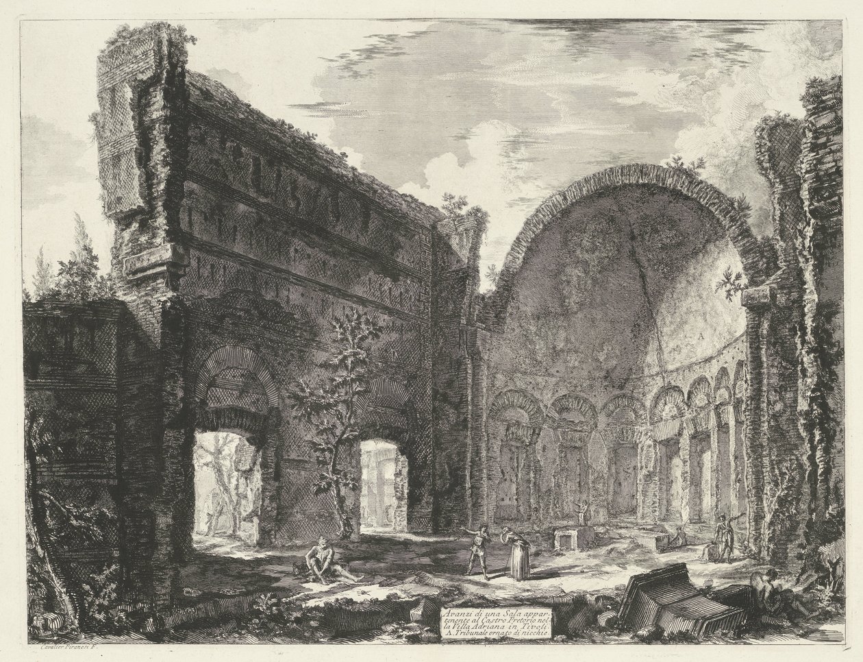 Bibliotheek in de Villa Adriana t a Tivoli Zbytky místnosti patřící Castro Pretorio ve Villa Adriana v Tivoli (název na objektu) Gezichten op Rome (název série) Pohledy na Řím navrhl a vyryl Giambattista Piranesi architekt Ve (nez) i od Giovanni Battista Piranesi