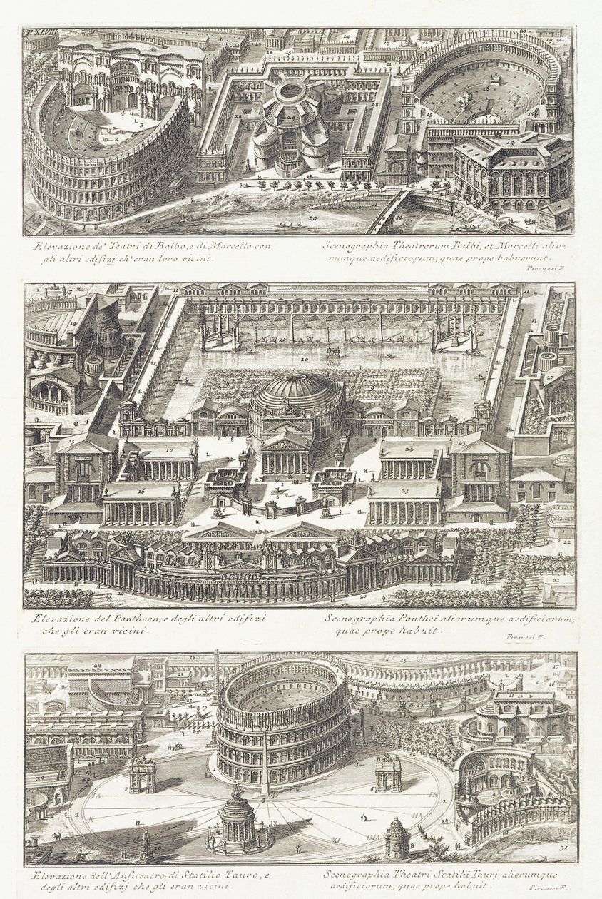 Pohledy z ptačí perspektivy na: divadla Balbo a Marcello, Pantheon a okolní oblast a amfiteátr Statilio Tauro od Giovanni Battista Piranesi