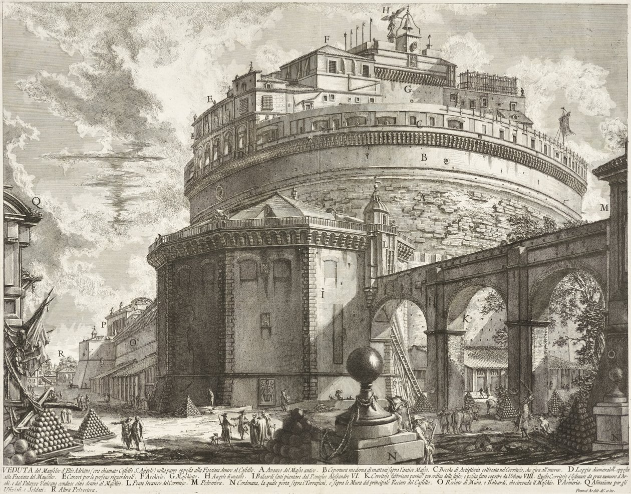 Pohled na mauzoleum Aelia Hadriana (Andělský hrad) od Giovanni Battista Piranesi