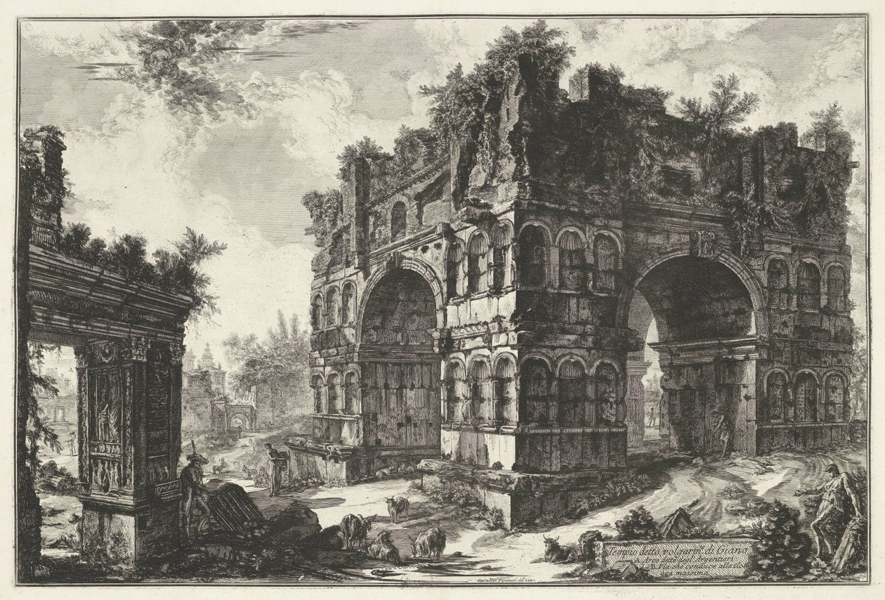 Boog van Janus en de Boog van de geldwisselaars te Rome Chrám s názvem volgarm.te di Giano (název na objektu) Gezichten op Rome (název série) Pohledy na Řím navržený a vyrytý architektem Giambattista Piranesi Ve (nez) iano (název série) od Giovanni Battista Piranesi