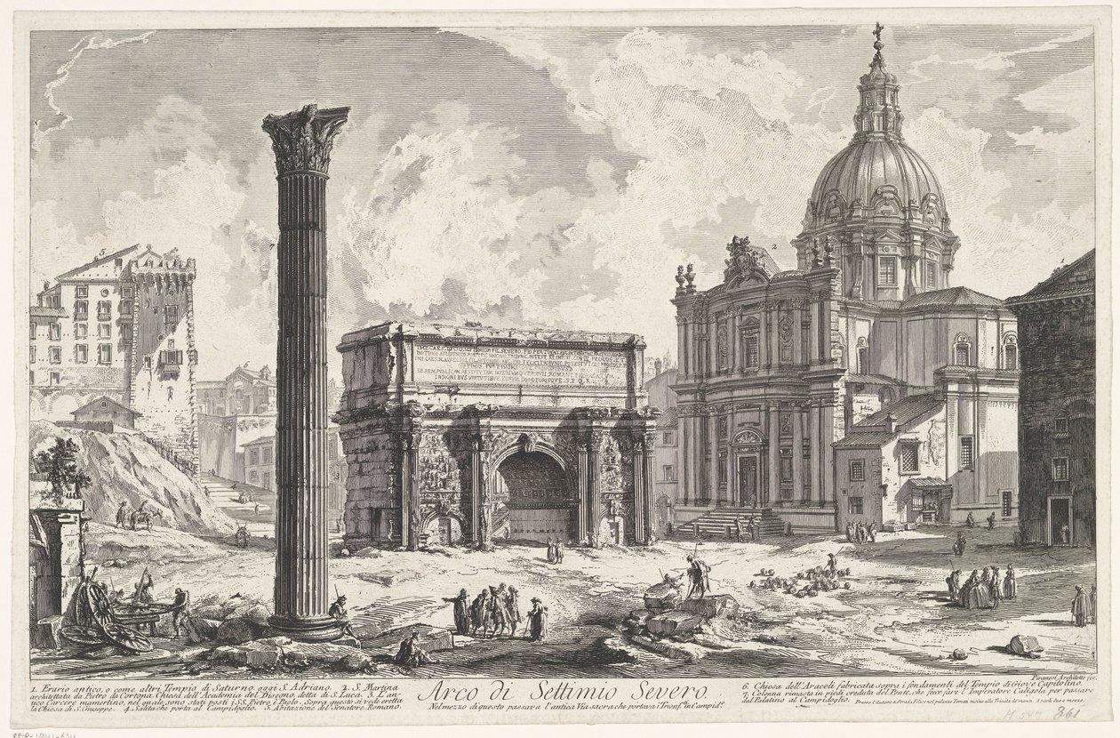 Boog van Septimius Severus na Forum Romanum Arch of Septimius Sever (...) (název na objektu) Gezichten op Rome (název série) Pohledy na Řím navržený a vyrytý architektem Giambattista Piranesi Ve (nez) iano (název série) od Giovanni Battista Piranesi