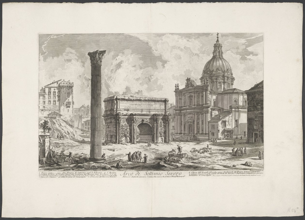 Boog van Septimius Severus na Forum Romanum Oblouk Septimia Severa (...) (titul na předmětu) Gezichten op Rome (název série) Pohledy na Řím navržený a vyrytý architektem Giambattista Piranesi Ve (nez) iano (název série) od Giovanni Battista Piranesi