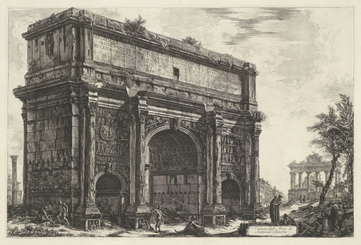 Boog van Septimius Severus do Říma Pohled na oblouk Septimia Severa (název na objektu) Gezichten op Rome (název série) Pohledy na Řím navržený a vyrytý architektem Giambattista Piranesi Ve (nez) iano (název série) od Giovanni Battista Piranesi