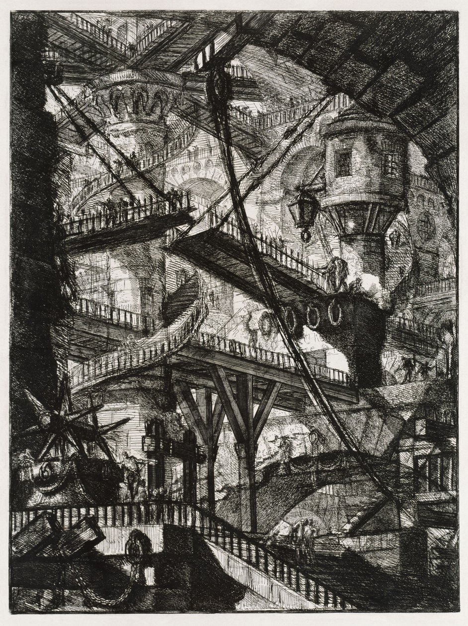 Pomyslné věznice: schody a padací most od Giovanni Battista Piranesi