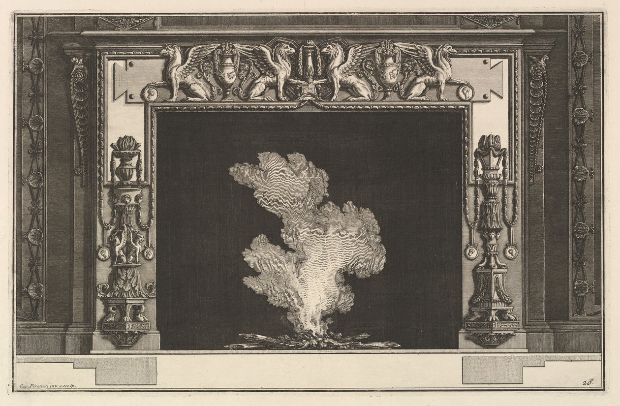 Komín: Ponížení grifonci na překladu a svícny na ostění Ch. doprovázet..., ca. 1769. od Giovanni Battista Piranesi